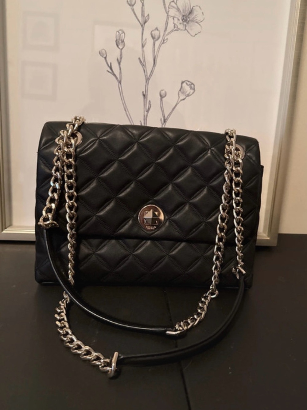 kate spade Black Quilted Shoulder Bag with Silver Chain